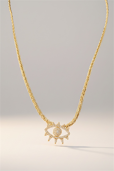 Altın Renk Göz Figürlü 14K Altın Kaplama Vip Taşlı Kolye