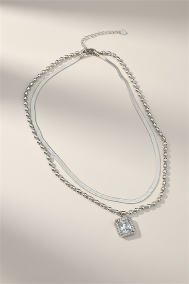 Gümüş Renk 2li Zincir Detaylı Taş Detay Çelik Kolye