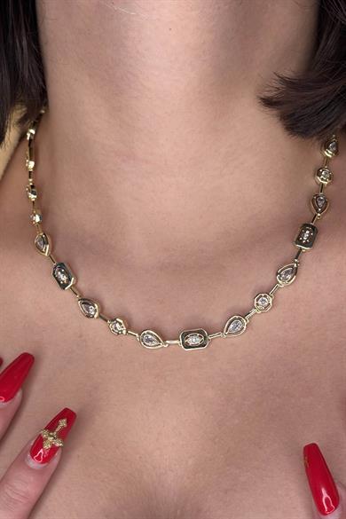 Altın Renk Taş Detaylı 14K Altın Kaplama VİP Kolye