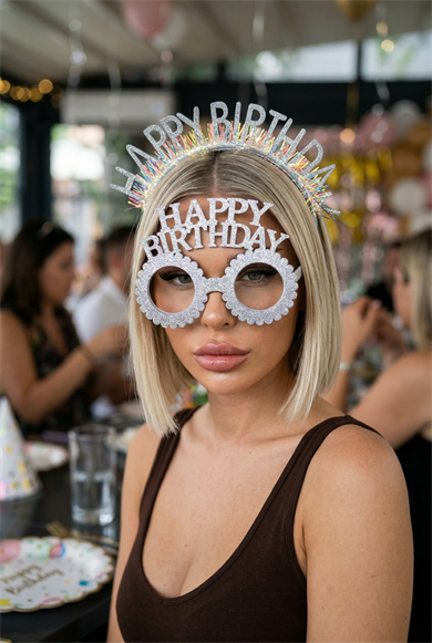 Gri Renk Happy Birthday Yazılı Gözlük Ve Taç
