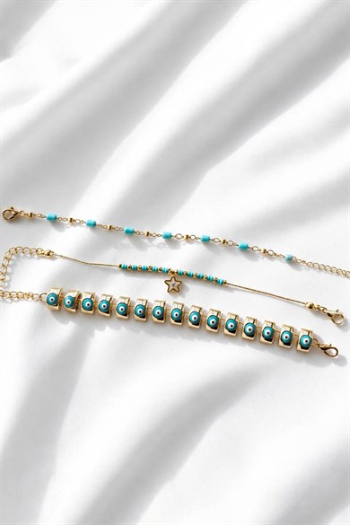Altın  Renk  Zincir Detaylı 3lü Bileklik Set