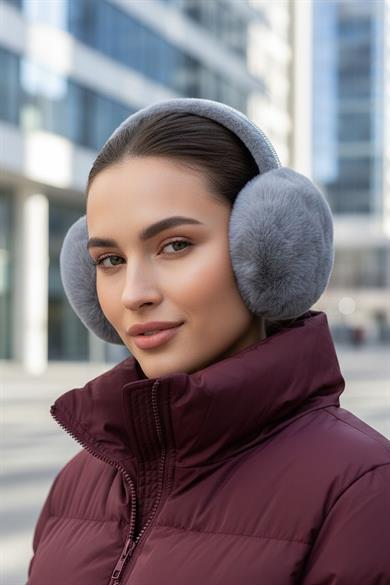 Gri Renk Taş Detaylı Peluş Kulaklık