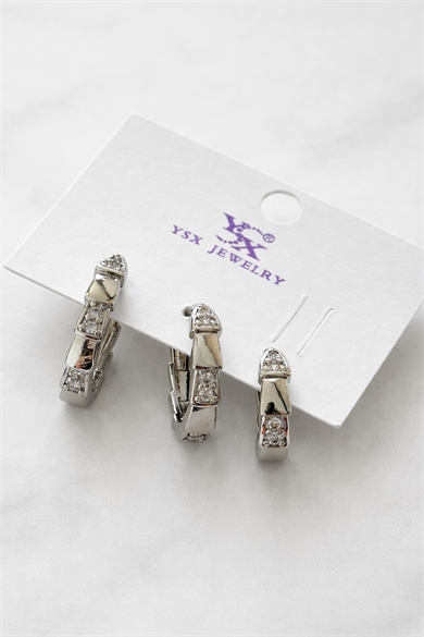 Gümüş Renk Taş Detaylı 3lü YSX Halka Küpe Set