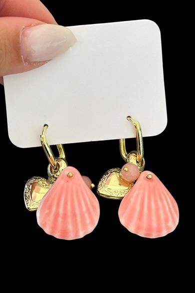  Altın Ve Pembe Renk Deniz Kabuğu Figürlü  Küpe (Çift)