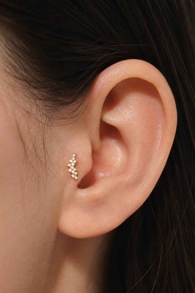 Altın Renk Taşlı Cerrahi Çelik Tragus/Kıkırdak Küpe/Piercing (Tek)