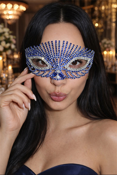 Gümüş Renk Mavi Taş Detaylı Tasarım Parti Maskesi