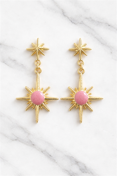 Altın Renk Pembe Taş Detaylı Yıldız Figürlü Küpe (Çift)