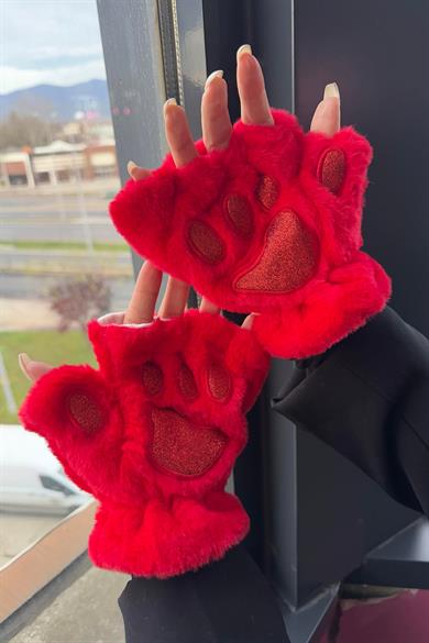 Kırmızı Renk Pati Figürlü Peluş Eldiven