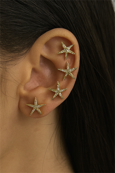 6lı Altın Renk Yıldız Figürlü Küpe Set