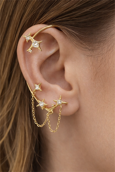 Altın Renk Kuzey Yıldızı Detaylı Taşlı Tx Kulak Aksesuarı (Tek)