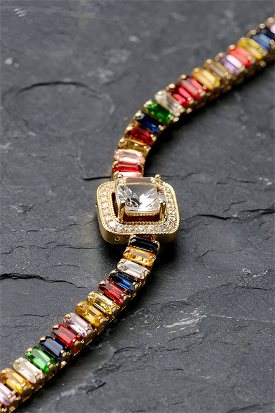 Karışık Renk Taş Detaylı 14K Altın Kaplama CM Zincir Bileklik