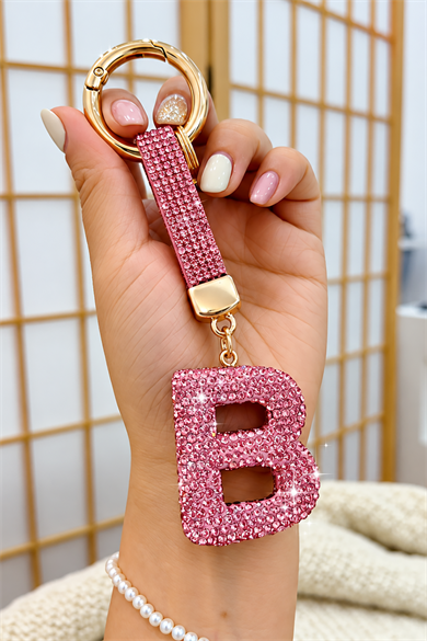 Pembe Renk B Harf Taşlı Çanta Charm/ Anahtarlık