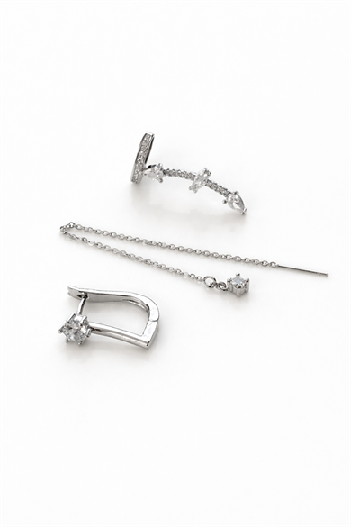 Gümüş Renk Taş Detaylı 3lü YSX Küpe Set