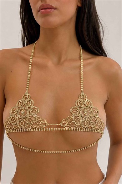 Altın Renk Taş Detaylı Bikini Üstü /Bralet /Vücut Aksesuarı