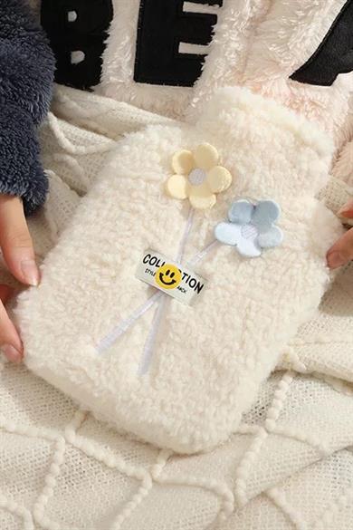 Krem Renk Çiçek Figürlü Peluş Sıcak Su Torbası