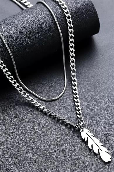 Gümüş Renk Tüy Figürlü Erkek İkili Zincir Çelik Kolye 