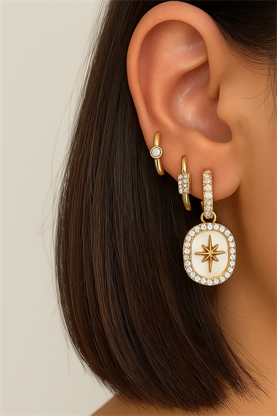 Altın Renk Taş Detaylı VİP 3lü YSX Küpe Set 