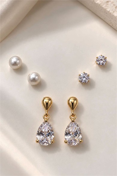Altın Renk 6lı Taşlı Küpe Set