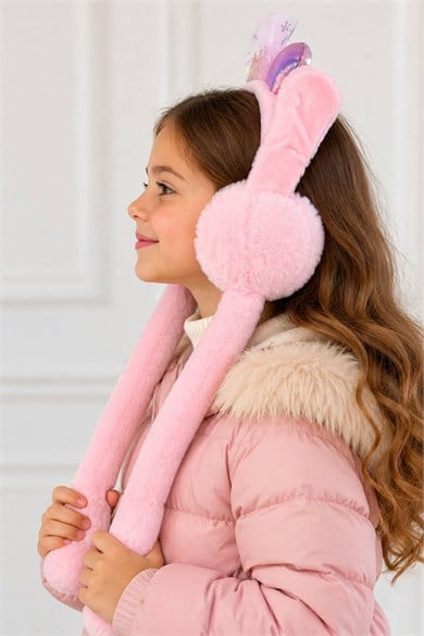  Pembe Renk Taş Detaylı Kulakları Oynayan Peluş Kulaklık