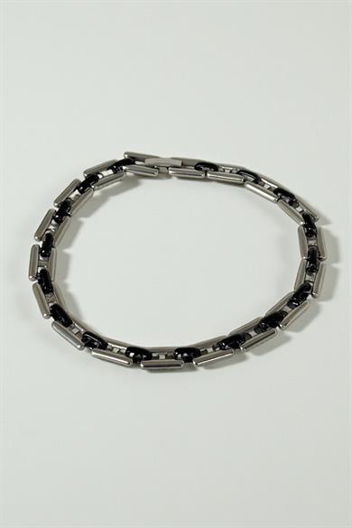 Gümüş Ve Siyah Renk Zincir Detaylı Çelik Erkek Bileklik  