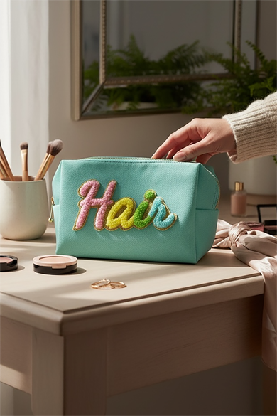 Yeşil Renk Hair Yazılı Makyaj Çantası