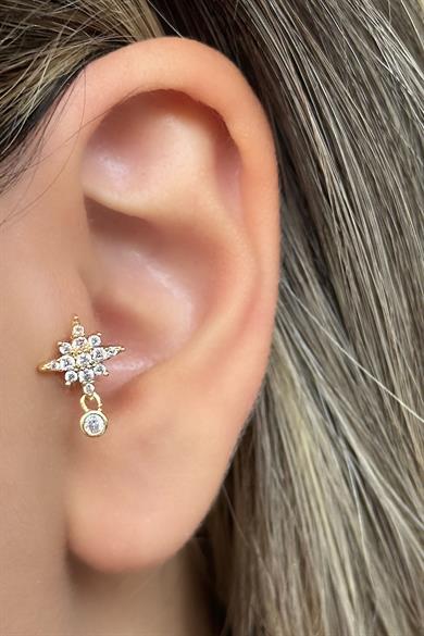 Altın Renk Yıldız Detaylı Taşlı Çelik Tragus/Kıkırdak Küpe/Piercing (Tek)