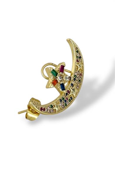 Altın Renk Ay Ve Yıldız Figürlü Taş Detaylı  Ear Cuff (Tek)