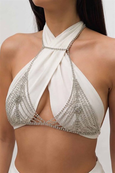 Gümüş Renk Taş Detaylı Bikini Üstü /Bralet /Vücut Aksesuarı