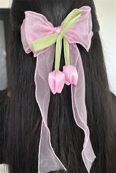 Pembe Ve Yeşil Renk Kurdele Detaylı Lale Figürlü Otomat Toka