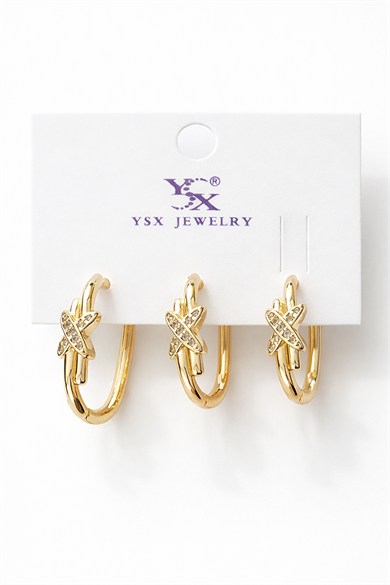 Altın Renk Çarpı Figürlü 3lü YSX Küpe Set