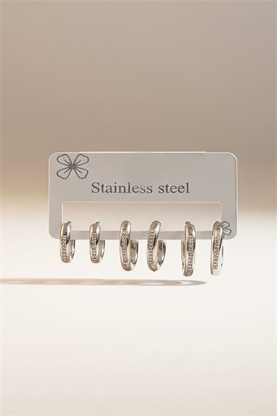 Gümüş Renk 6lı Halka Detaylı Taşlı  Çelik Küpe Set