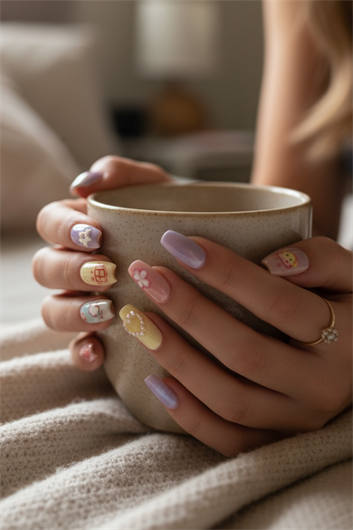 12li Karışık Renk İnci Detaylı Takma Tırnak Set (Yapıştırıcılı)