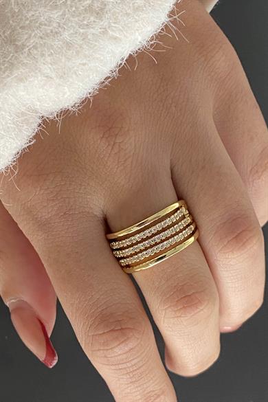 Altın Renk Taş Detaylı Ayarlanabilir Çelik Yüzük