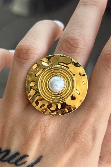 Altın Renk İnci Detaylı Ayarlanabilir Çelik Yüzük