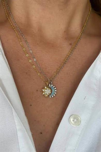 Altın Ve Gümüş Renk Ay Ve Güneş Figürlü İkili Çelik Çift/ Best Friend Kolyesi