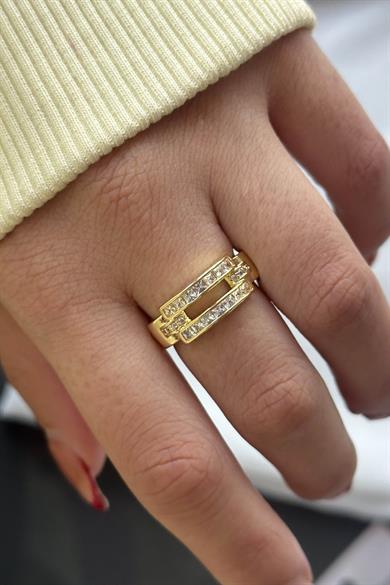 Altın Renk Taş Detaylı Ayarlanabilir Çelik Yüzük