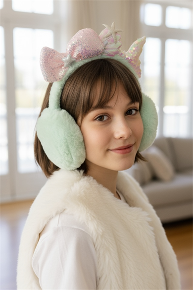 Turkuaz Ve Pembe Renk Karışık Figürlü Peluş Kulaklık