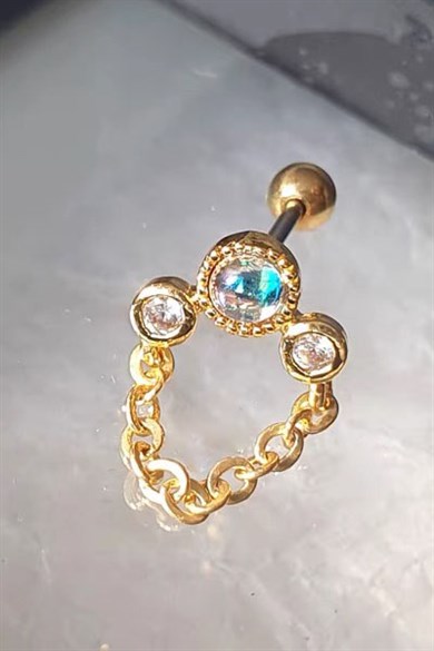 Altın Renk Taşlı Cerrahi Çelik Tragus/Kıkırdak Küpe/Piercing (Tek)