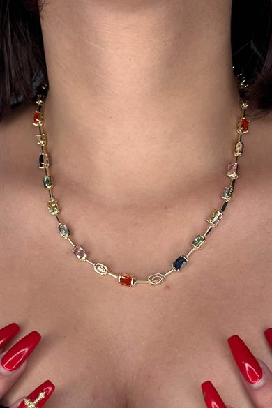 Altın Renk Renkli Taş Detaylı 14K Altın Kaplama VİP Kolye