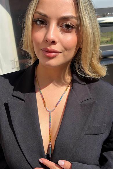 Altın Renk Renkli Taş Detaylı 14K Altın Kaplama Kolye