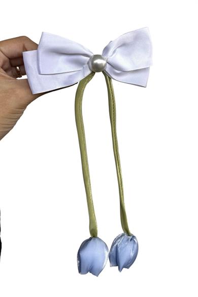 Mavi Ve Beyaz Renk Kurdele Detaylı Lale Figürlü Otomat Toka