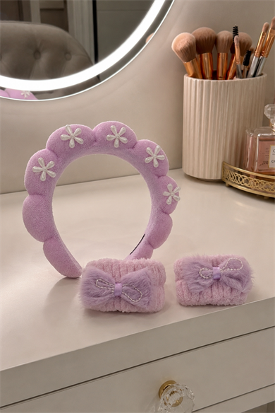 Mor Renk İncili Spa Saç Bandı Ve Peluş Su Emici Havlu Bileklik Set