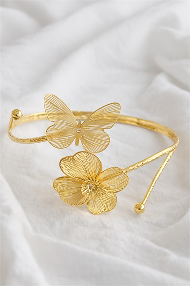 Altın Renk Çiçek Ve Kelebek Figürlü Tasarım Bileklik Kol Aksesuarı