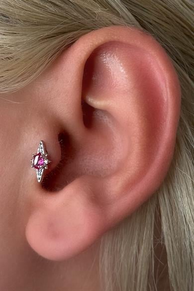 Gümüş Renk Taş Detaylı Çelik Tragus/Kıkırdak Küpe/Piercing (Tek)