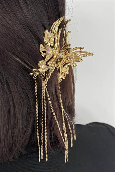 Altın Renk Kelebek Figürlü Taş Detaylı Sallantılı Metal Mandal Toka