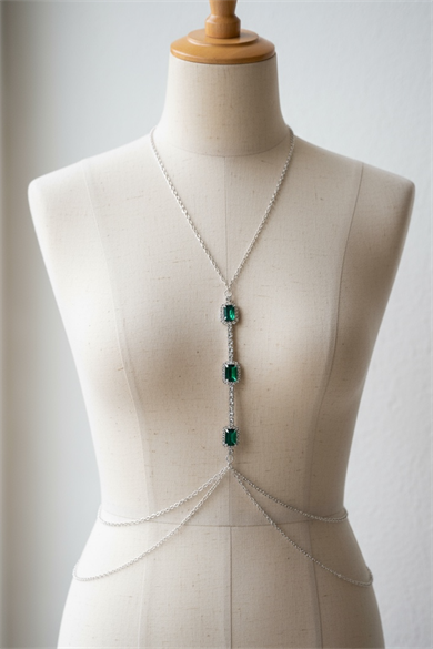 Gümüş Renk Yeşil Taş Detaylı Vücut Aksesuarı