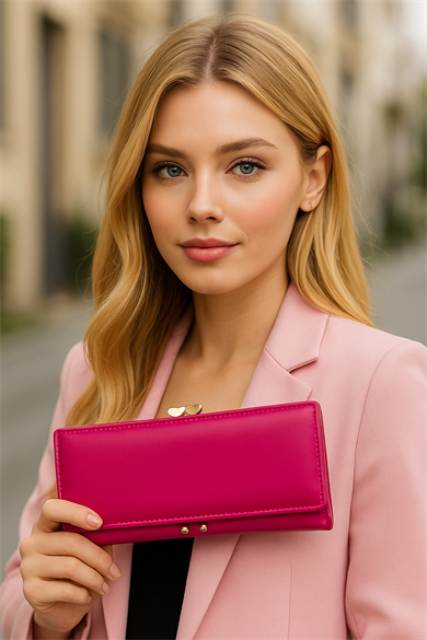 Koyu Pembe Renk Kalp Detaylı Kadın Cüzdan  