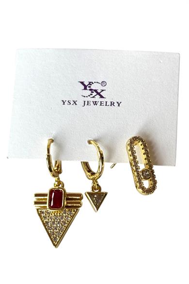 Altın Renk Taş Detaylı VİP 3lü YSX Küpe Set