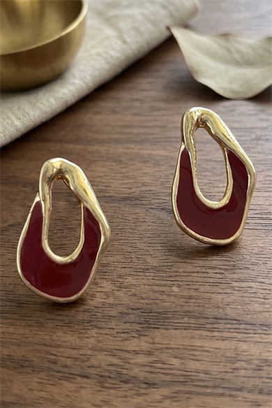 Altın Renk Bordo Taş Detaylı Küpe (Çift)