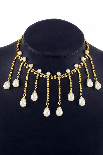 Altın Renk Taş Ve İnci Detaylı Tasarım Abiye Kolye